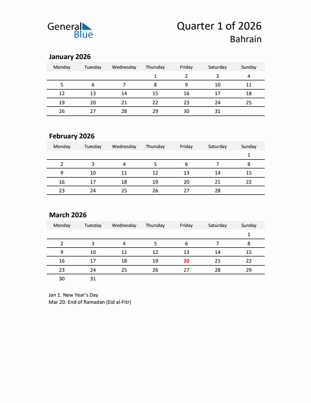 2026 Q1 Three-Month Calendar for Bahrain