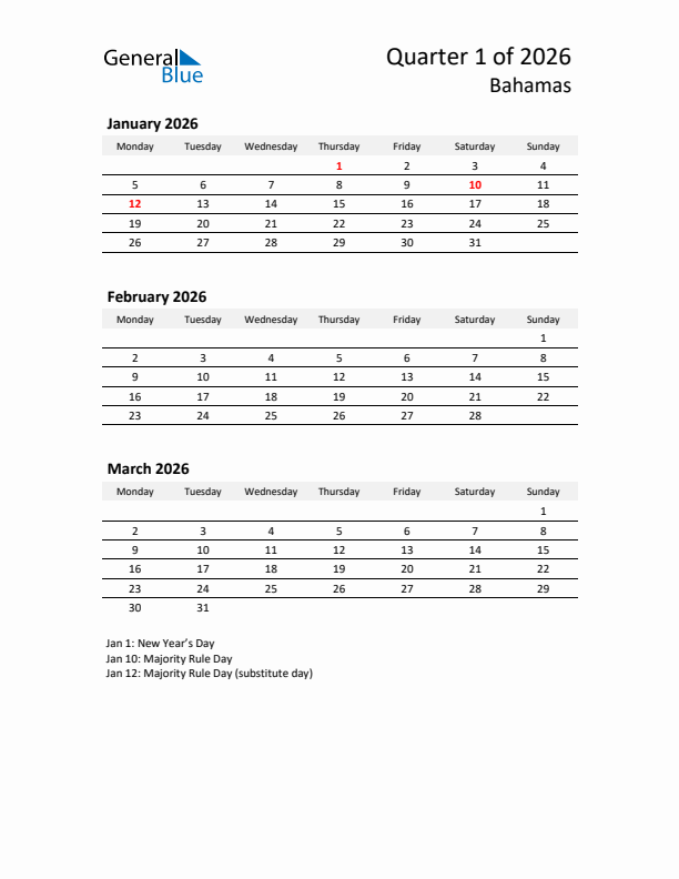 2026 Q1 Three-Month Calendar for Bahamas