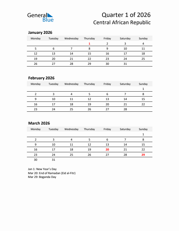 2026 Q1 Three-Month Calendar for Central African Republic