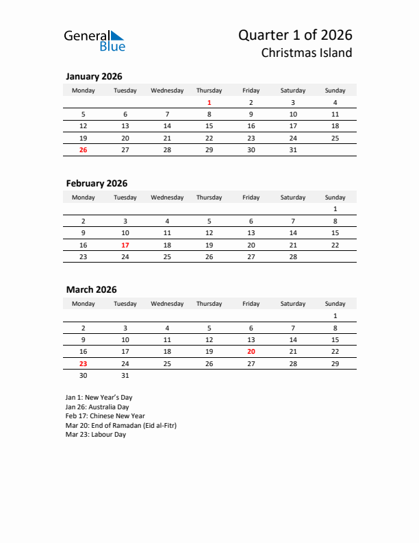 2026 Q1 Three-Month Calendar for Christmas Island