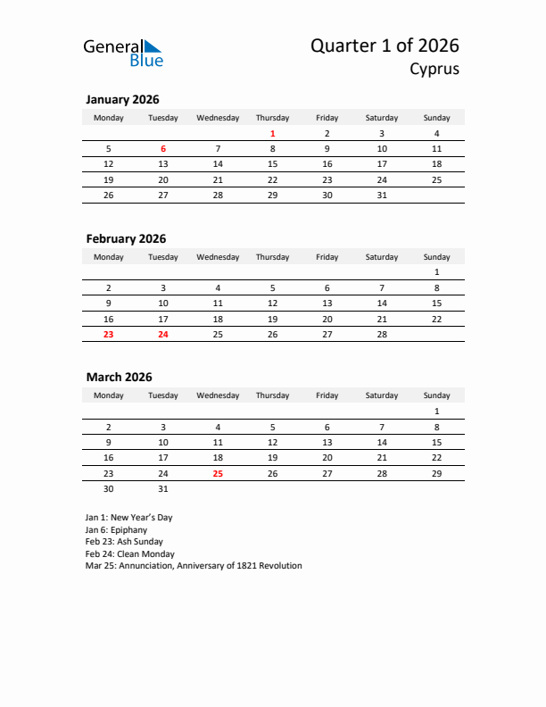 2026 Q1 Three-Month Calendar for Cyprus