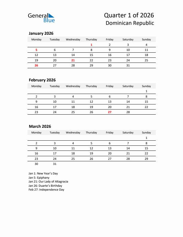 2026 Q1 Three-Month Calendar for Dominican Republic