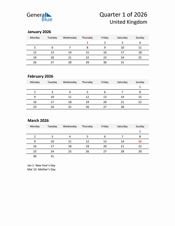 2026 Q1 Three-Month Calendar for United Kingdom