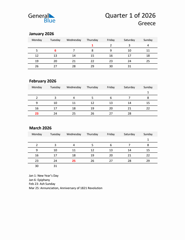 2026 Q1 Three-Month Calendar for Greece