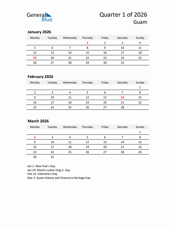 2026 Q1 Three-Month Calendar for Guam