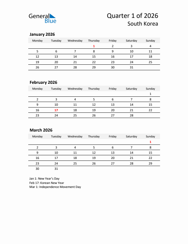 2026 Q1 Three-Month Calendar for South Korea