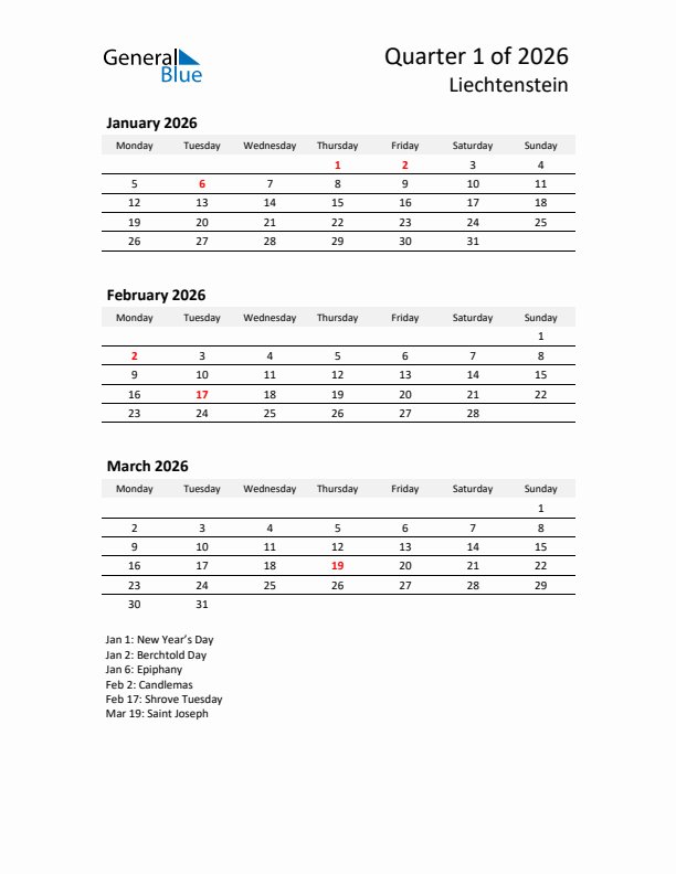 2026 Q1 Three-Month Calendar for Liechtenstein