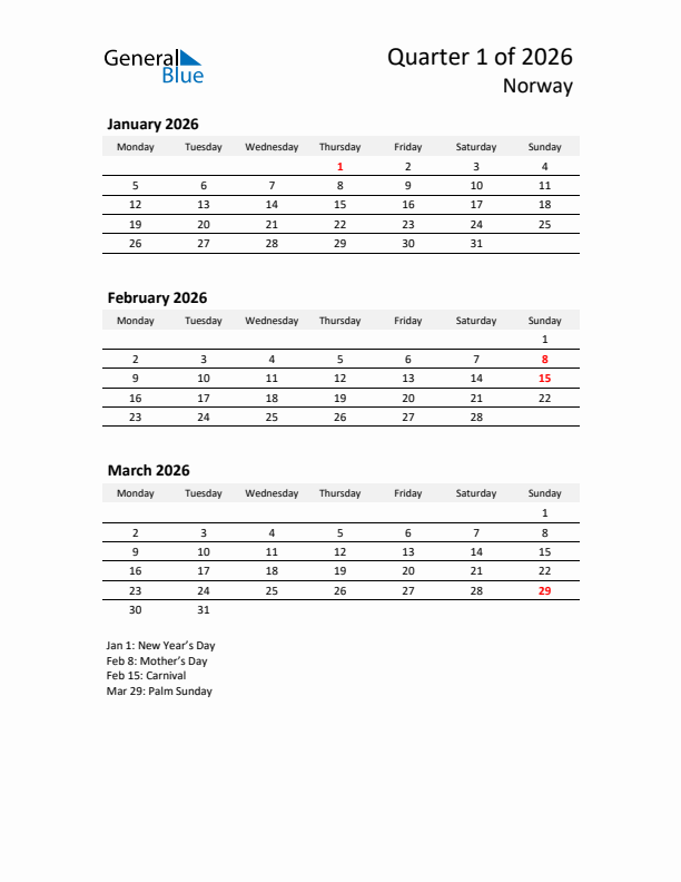 2026 Q1 Three-Month Calendar for Norway