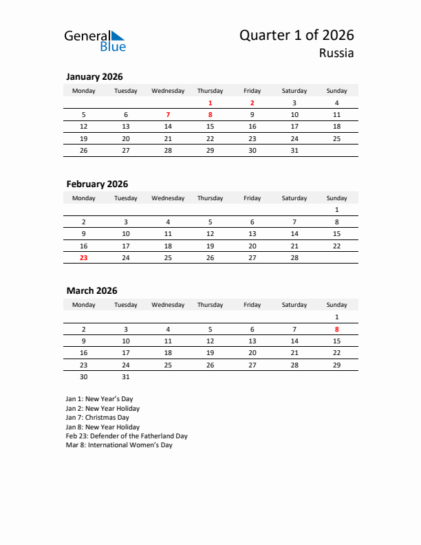 2026 Q1 Three-Month Calendar for Russia