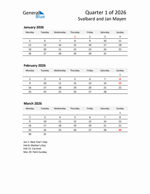 2026 Q1 Three-Month Calendar for Svalbard and Jan Mayen