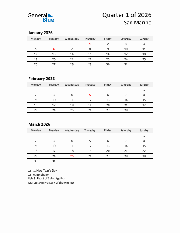 2026 Q1 Three-Month Calendar for San Marino