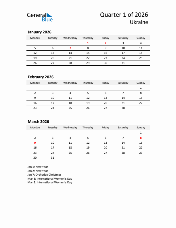 2026 Q1 Three-Month Calendar for Ukraine