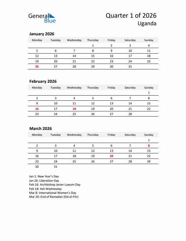 2026 Q1 Three-Month Calendar for Uganda