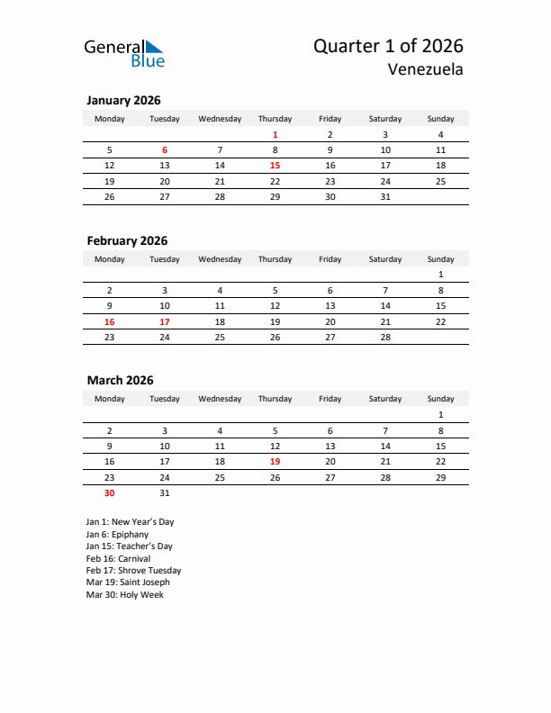 2026 Q1 Three-Month Calendar for Venezuela