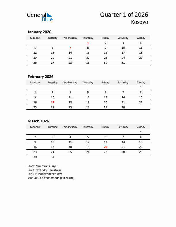 2026 Q1 Three-Month Calendar for Kosovo