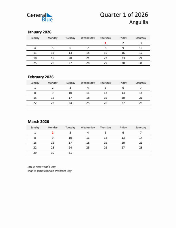 2026 Q1 Three-Month Calendar for Anguilla