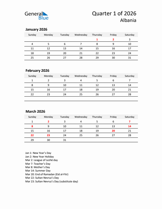 2026 Q1 Three-Month Calendar for Albania