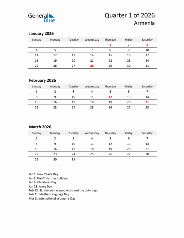 2026 Q1 Three-Month Calendar for Armenia