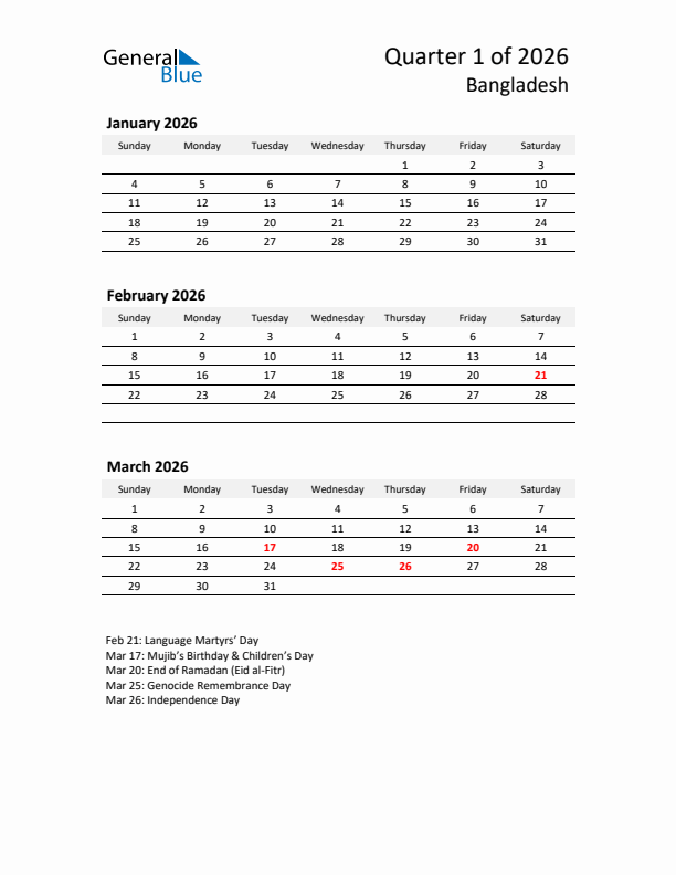 2026 Q1 Three-Month Calendar for Bangladesh