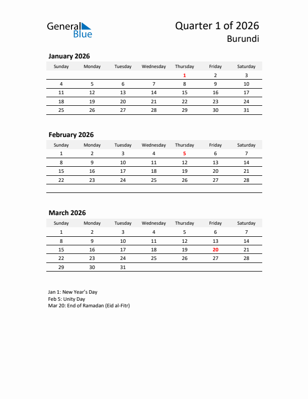 2026 Q1 Three-Month Calendar for Burundi