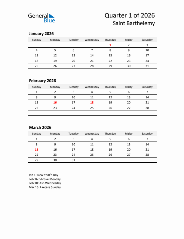 2026 Q1 Three-Month Calendar for Saint Barthelemy