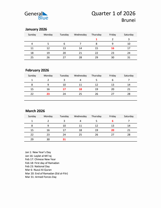 2026 Q1 Three-Month Calendar for Brunei