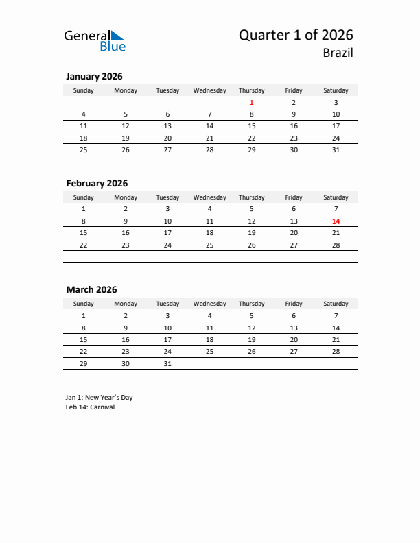 2026 Q1 Three-Month Calendar for Brazil