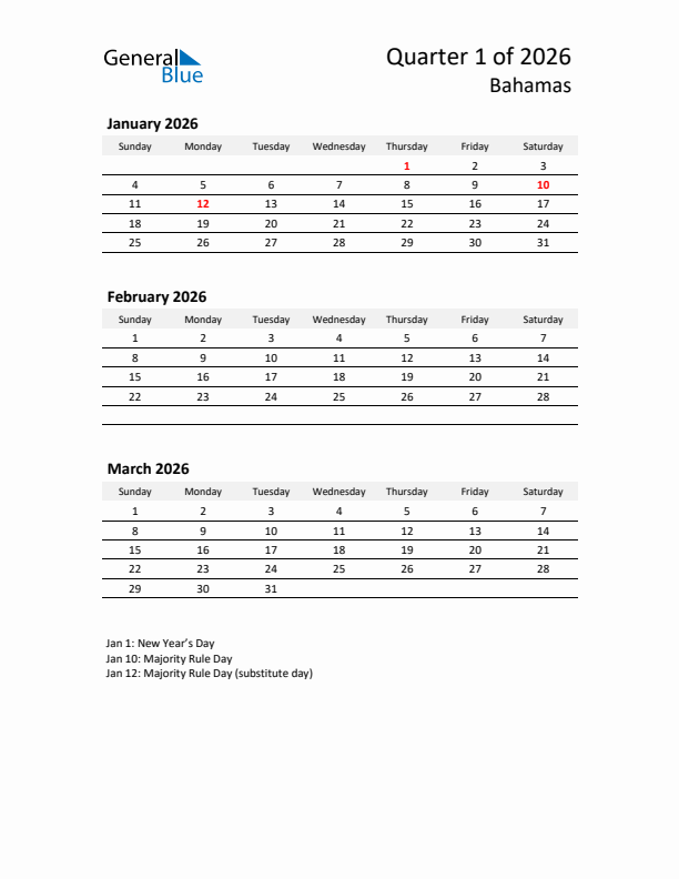 2026 Q1 Three-Month Calendar for Bahamas