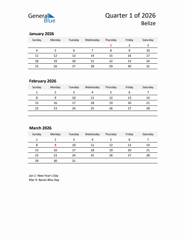 2026 Q1 Three-Month Calendar for Belize