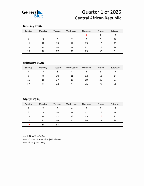 2026 Q1 Three-Month Calendar for Central African Republic