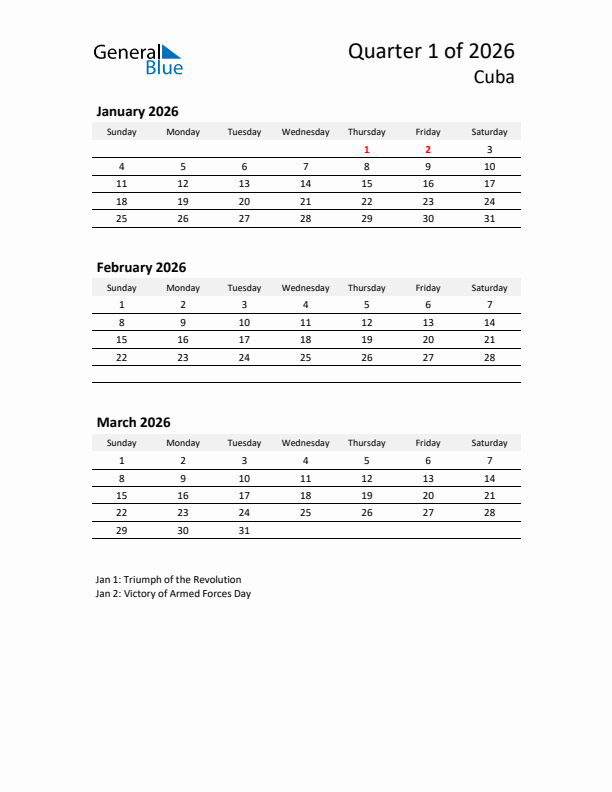 2026 Q1 Three-Month Calendar for Cuba