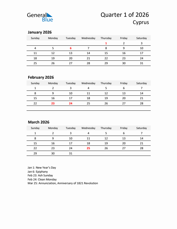 2026 Q1 Three-Month Calendar for Cyprus