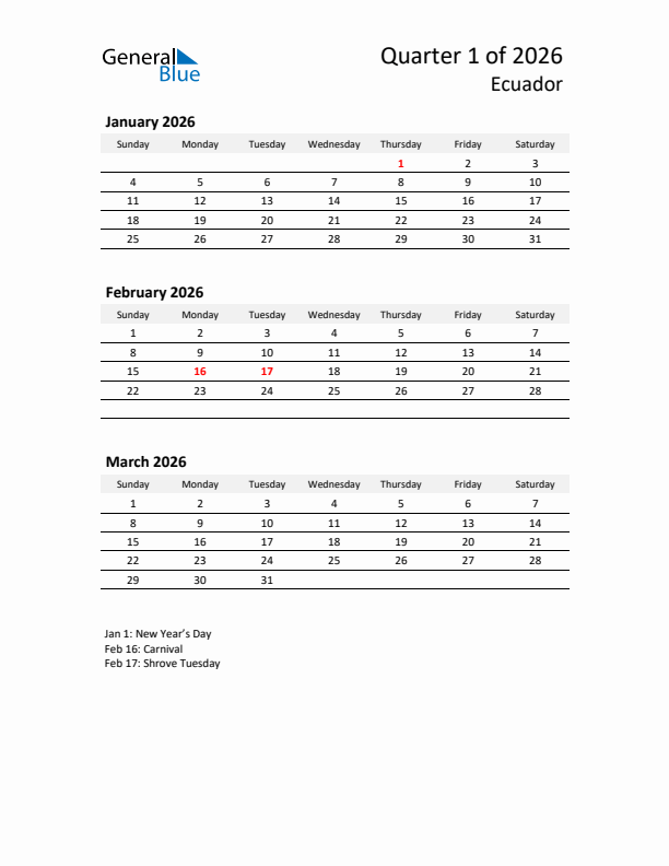 2026 Q1 Three-Month Calendar for Ecuador