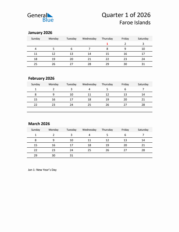 2026 Q1 Three-Month Calendar for Faroe Islands