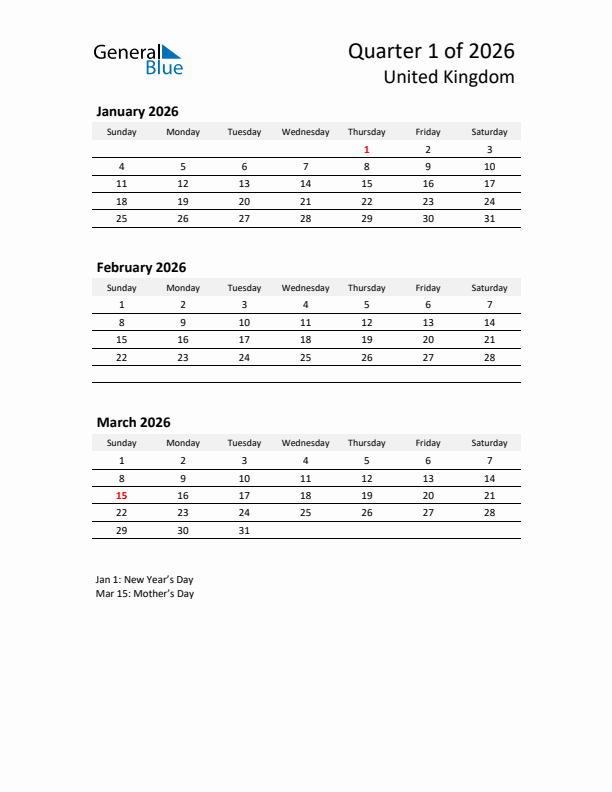 2026 Q1 Three-Month Calendar for United Kingdom