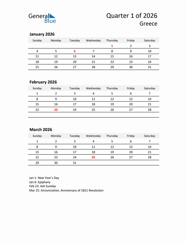 2026 Q1 Three-Month Calendar for Greece