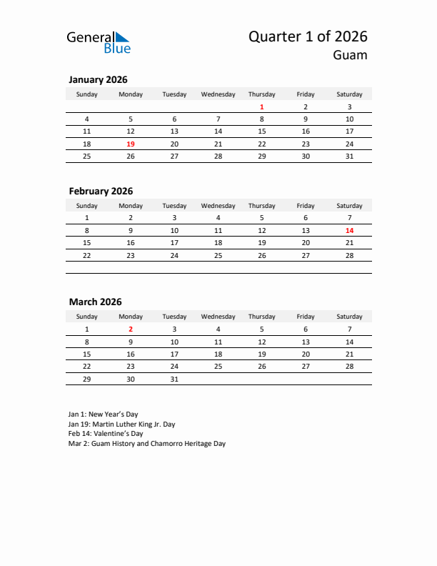 2026 Q1 Three-Month Calendar for Guam