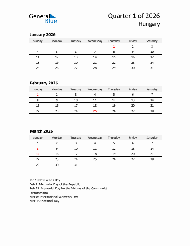 2026 Q1 Three-Month Calendar for Hungary