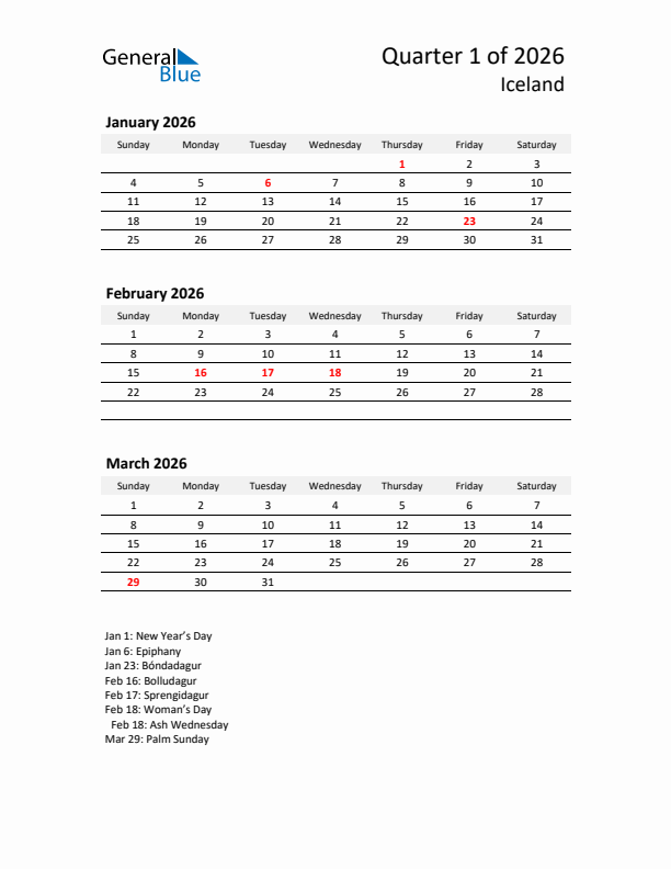 2026 Q1 Three-Month Calendar for Iceland