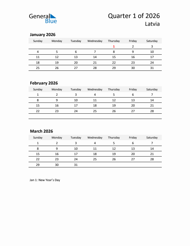 2026 Q1 Three-Month Calendar for Latvia