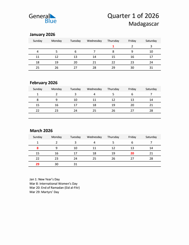 2026 Q1 Three-Month Calendar for Madagascar