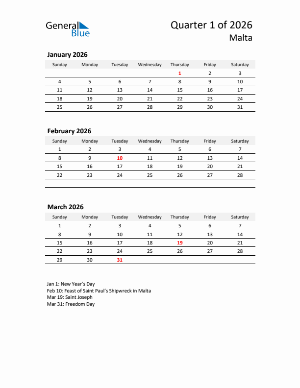 2026 Q1 Three-Month Calendar for Malta