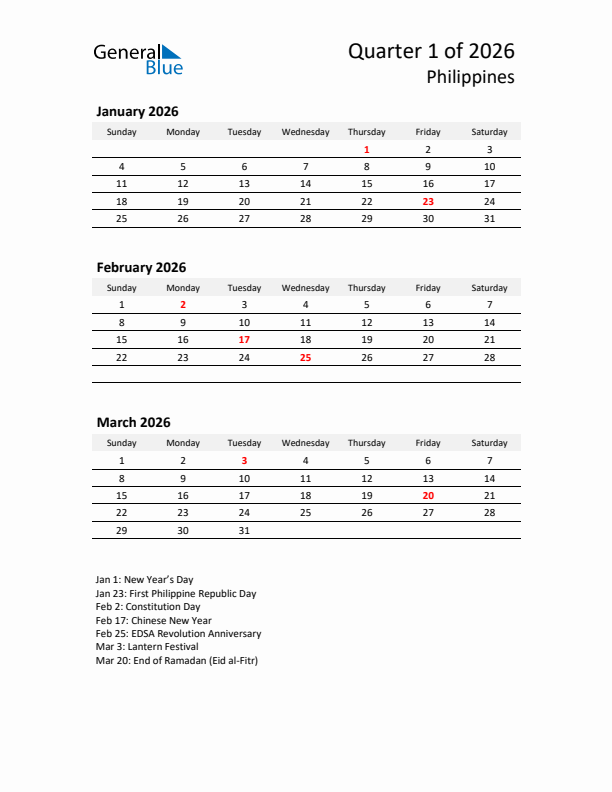 2026 Q1 Three-Month Calendar for Philippines