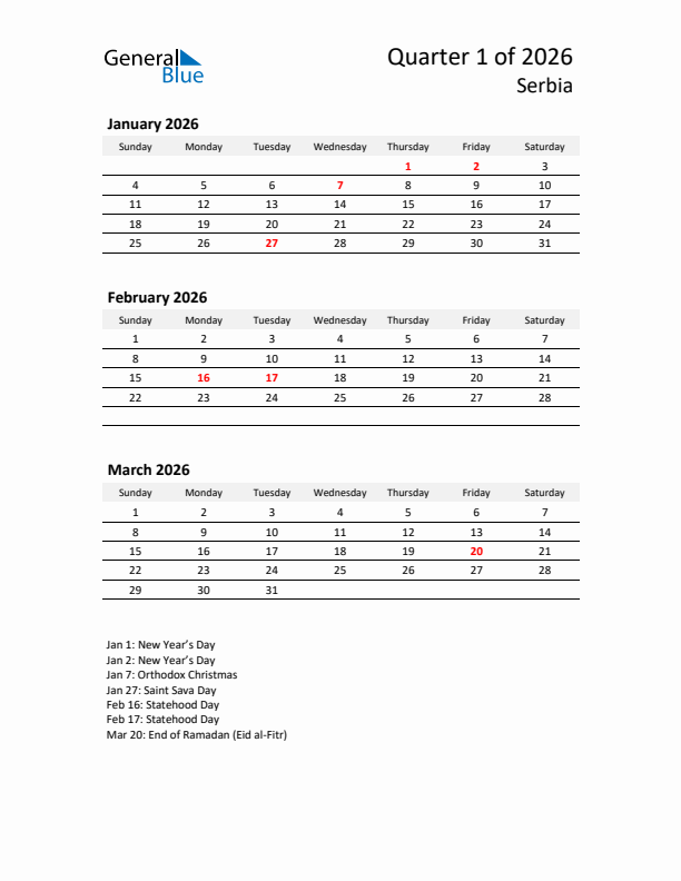 2026 Q1 Three-Month Calendar for Serbia