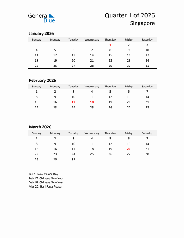 2026 Q1 Three-Month Calendar for Singapore