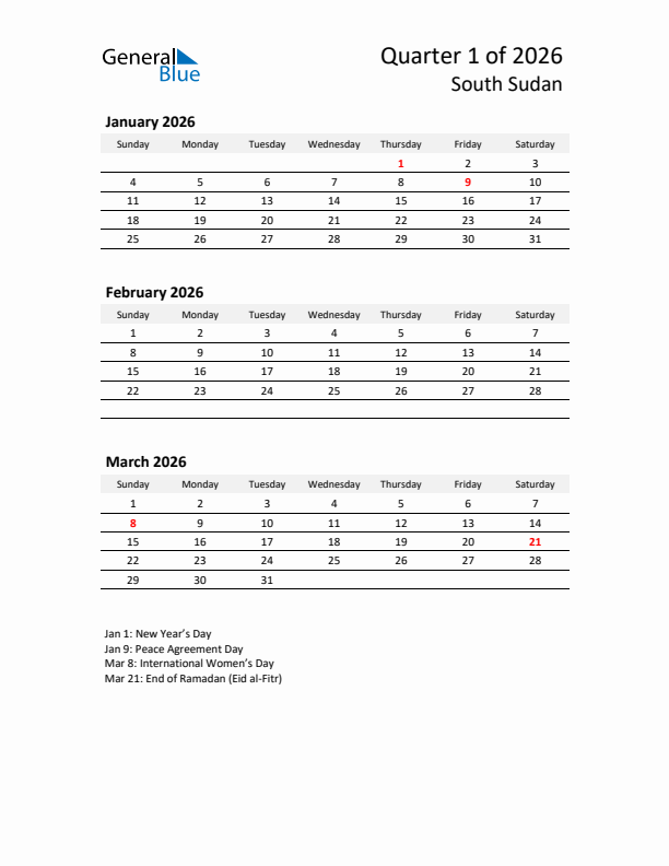 2026 Q1 Three-Month Calendar for South Sudan