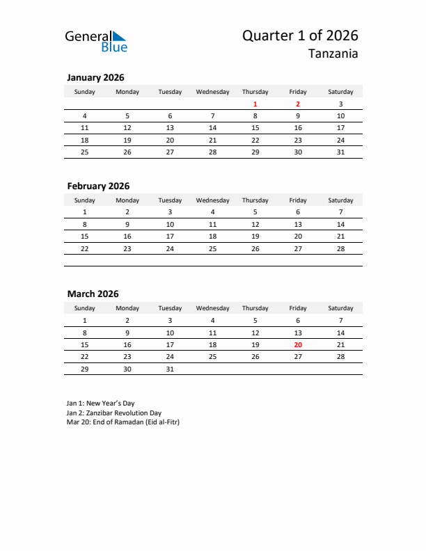 2026 Q1 Three-Month Calendar for Tanzania