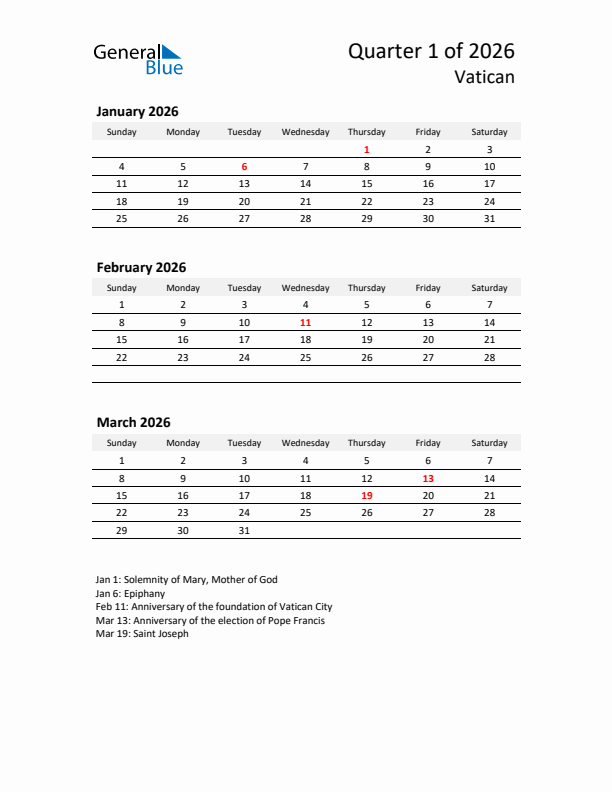 2026 Q1 Three-Month Calendar for Vatican