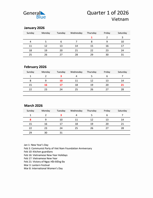 2026 Q1 Three-Month Calendar for Vietnam