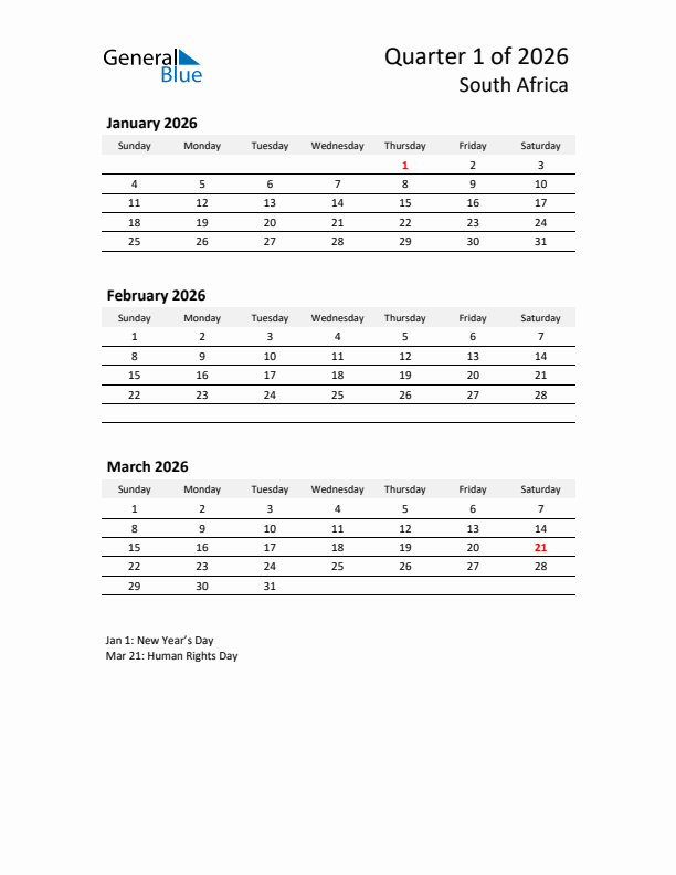 2026 Q1 Three-Month Calendar for South Africa